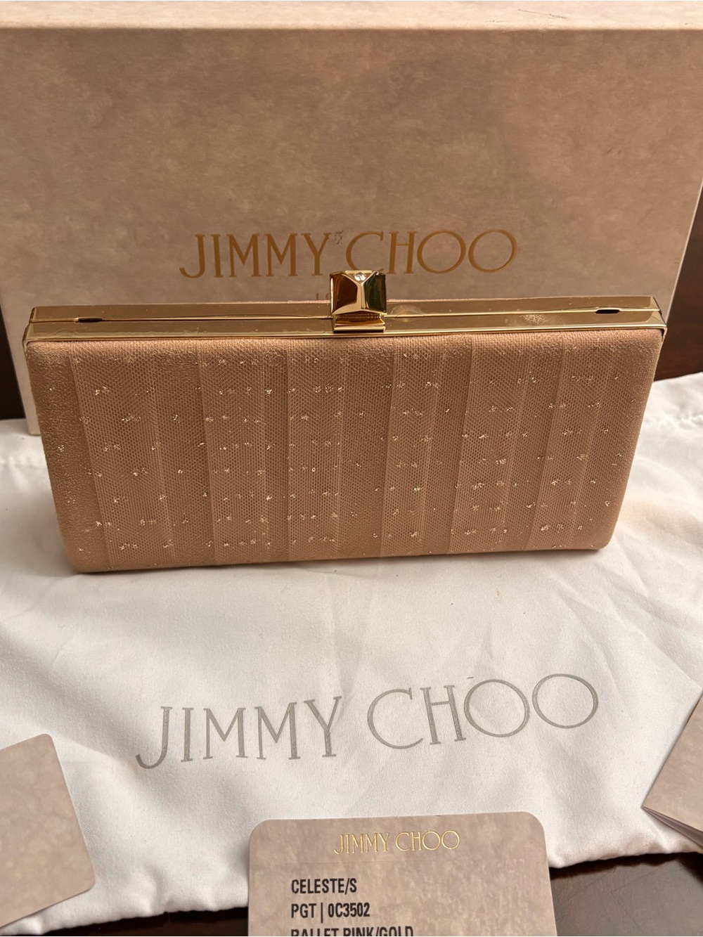 Jimmy Choo Ballet Pink and Gold Sparkle Box Clutch
